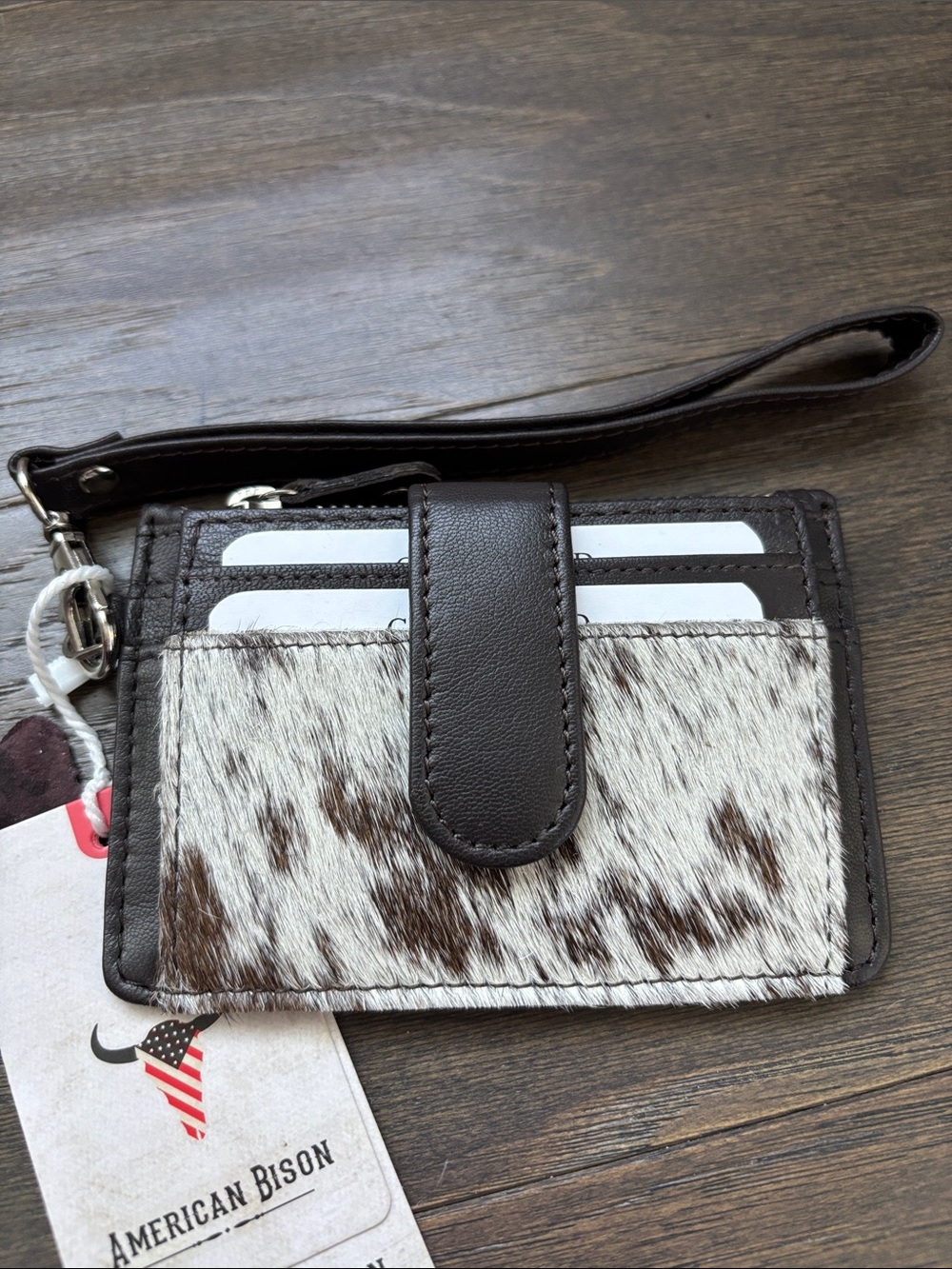 American Bison Hair on Hide,Genuine Leather,4 card,1 ID,zip coin,snap top wrist